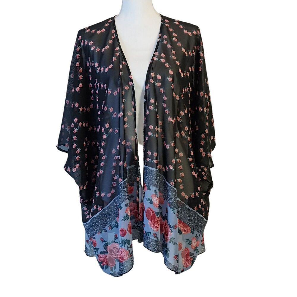 Rue 21 Floral Kimono Size Large Black Whimsigoth Feminine Sheer Casual